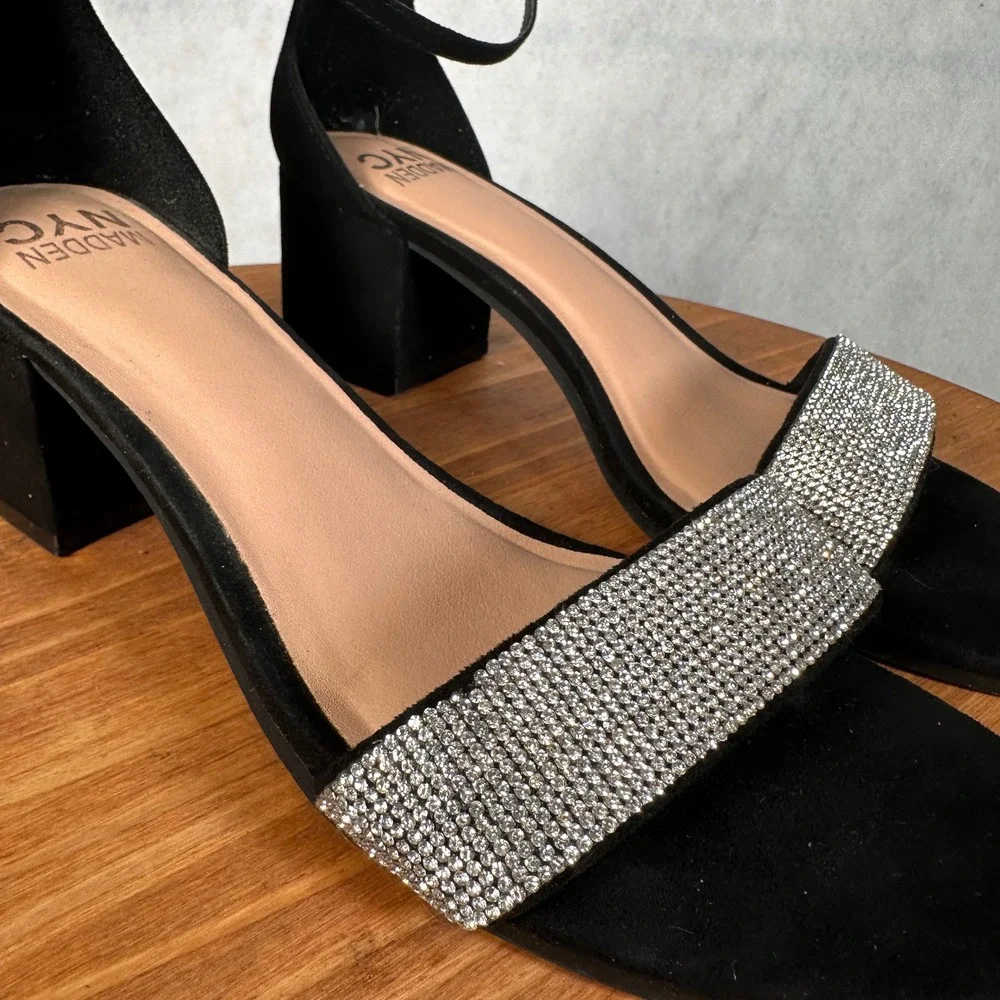 Madden NYC Block Heel Sandals Womens 10 Black Rhinestone Good Strappy Heels